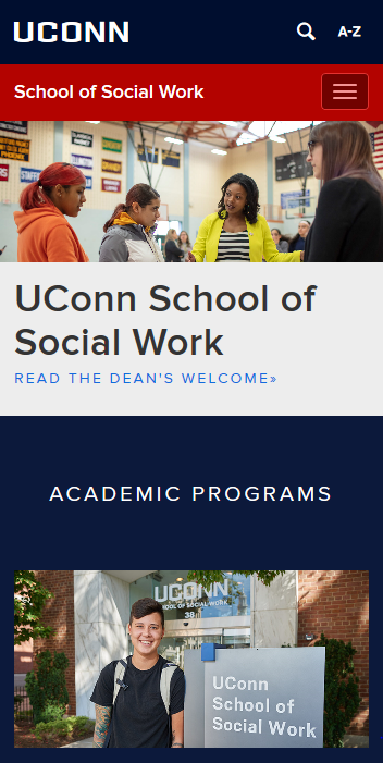 UConn School of Social Work Homepage display mobile view