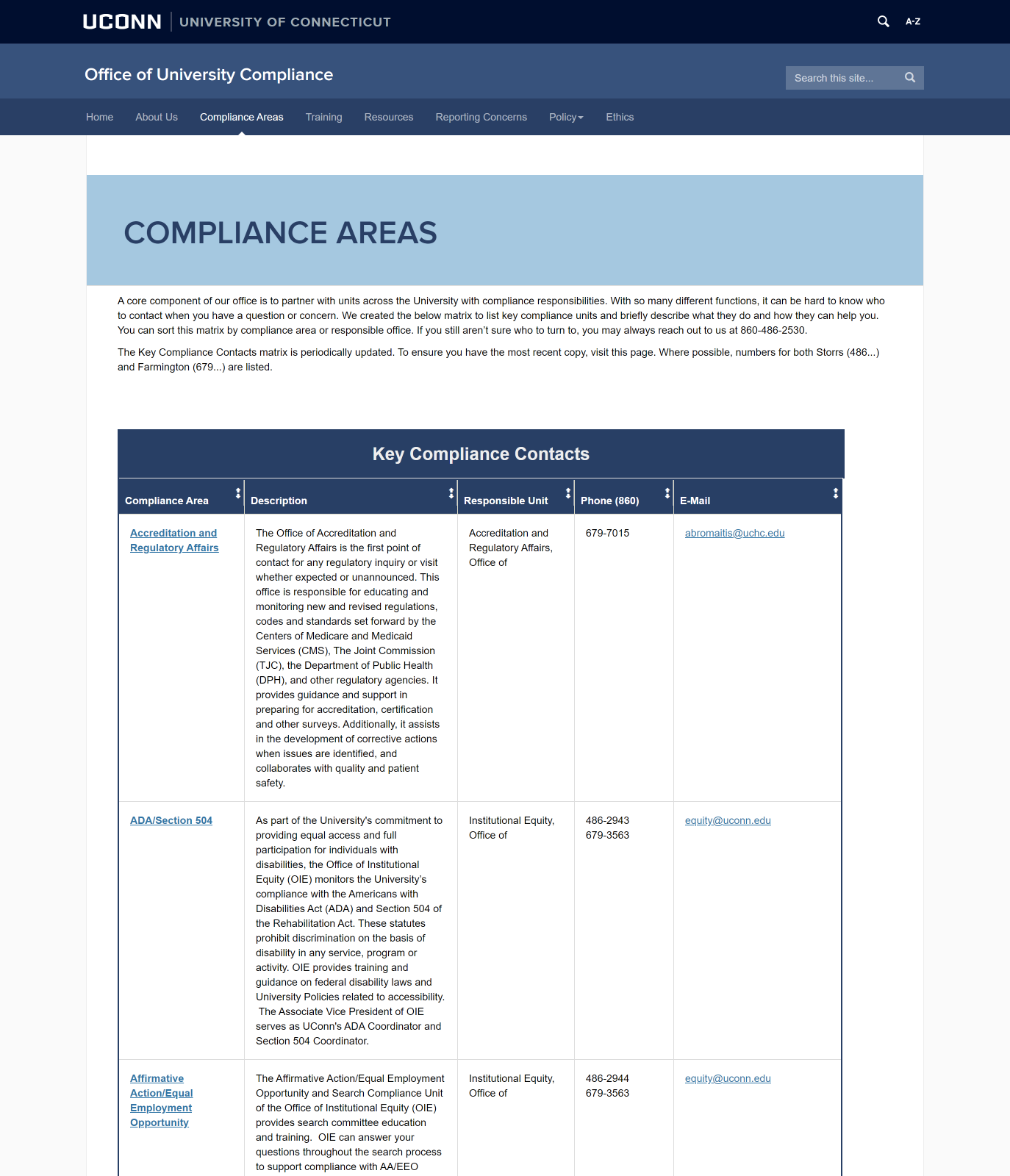 Screenshot of an interior page of the Compliance website