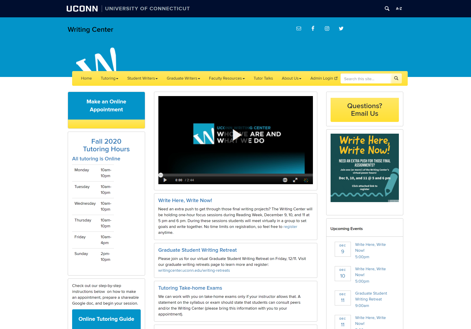 Desktop view of the Writing Center website
