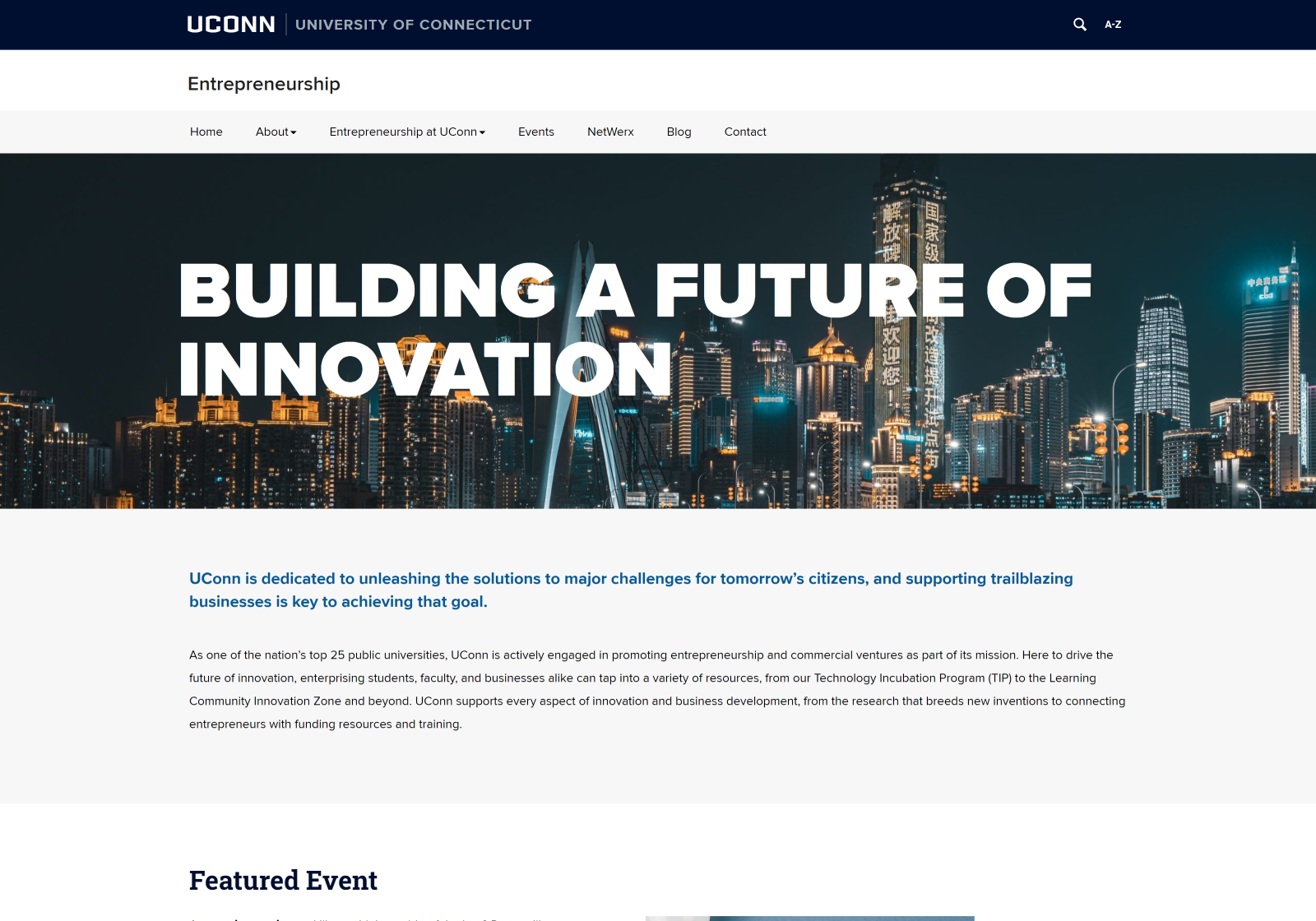 Desktop view of the UConn Entrepreneurship website