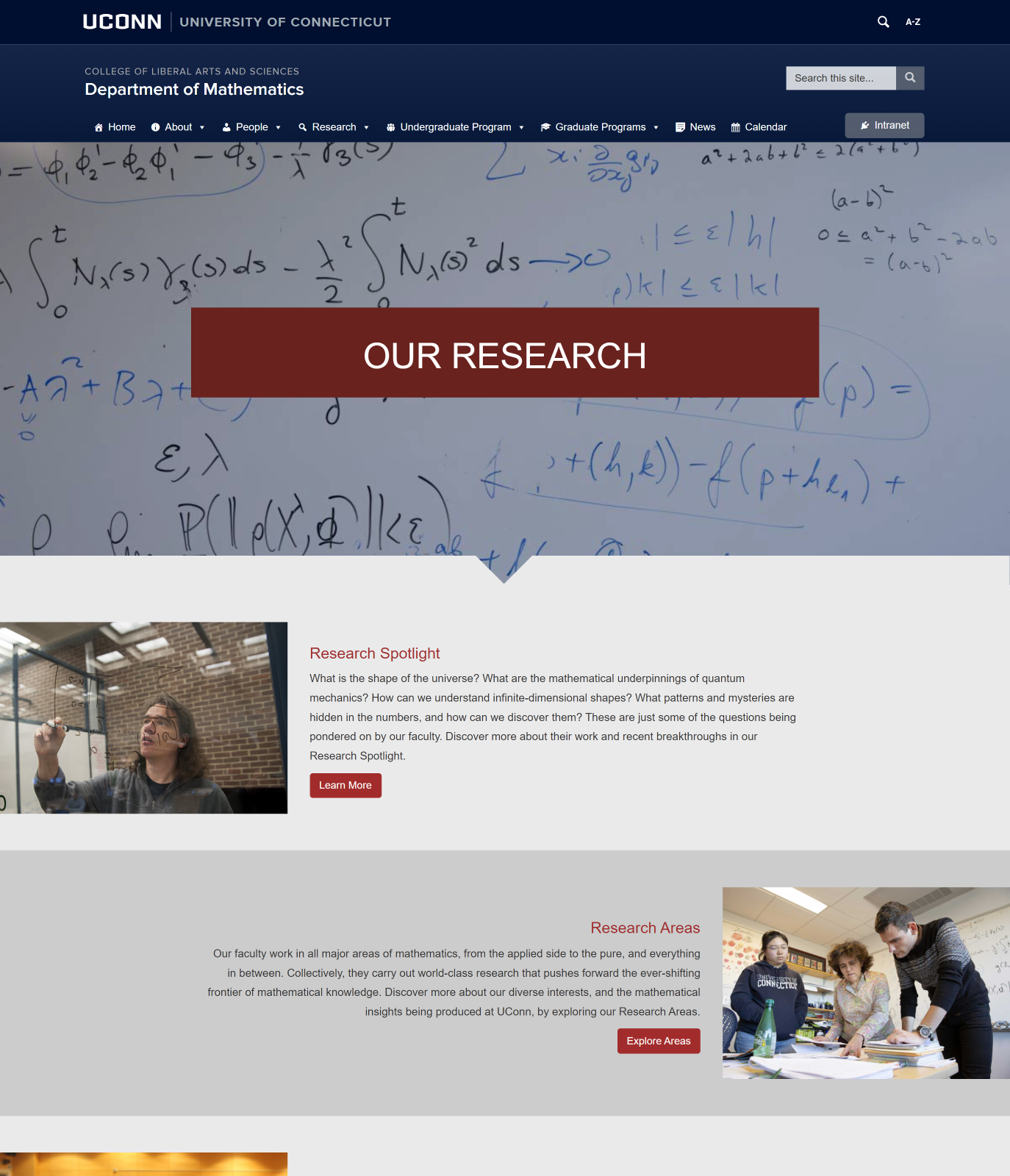 Screenshot of an interior page of the Department of Mathematics website