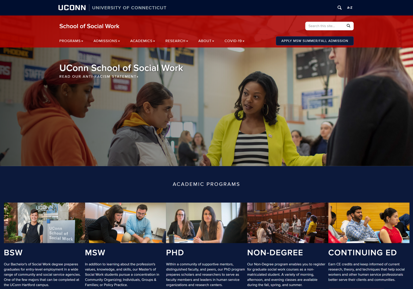 Desktop view of the UConn School of Social Work website