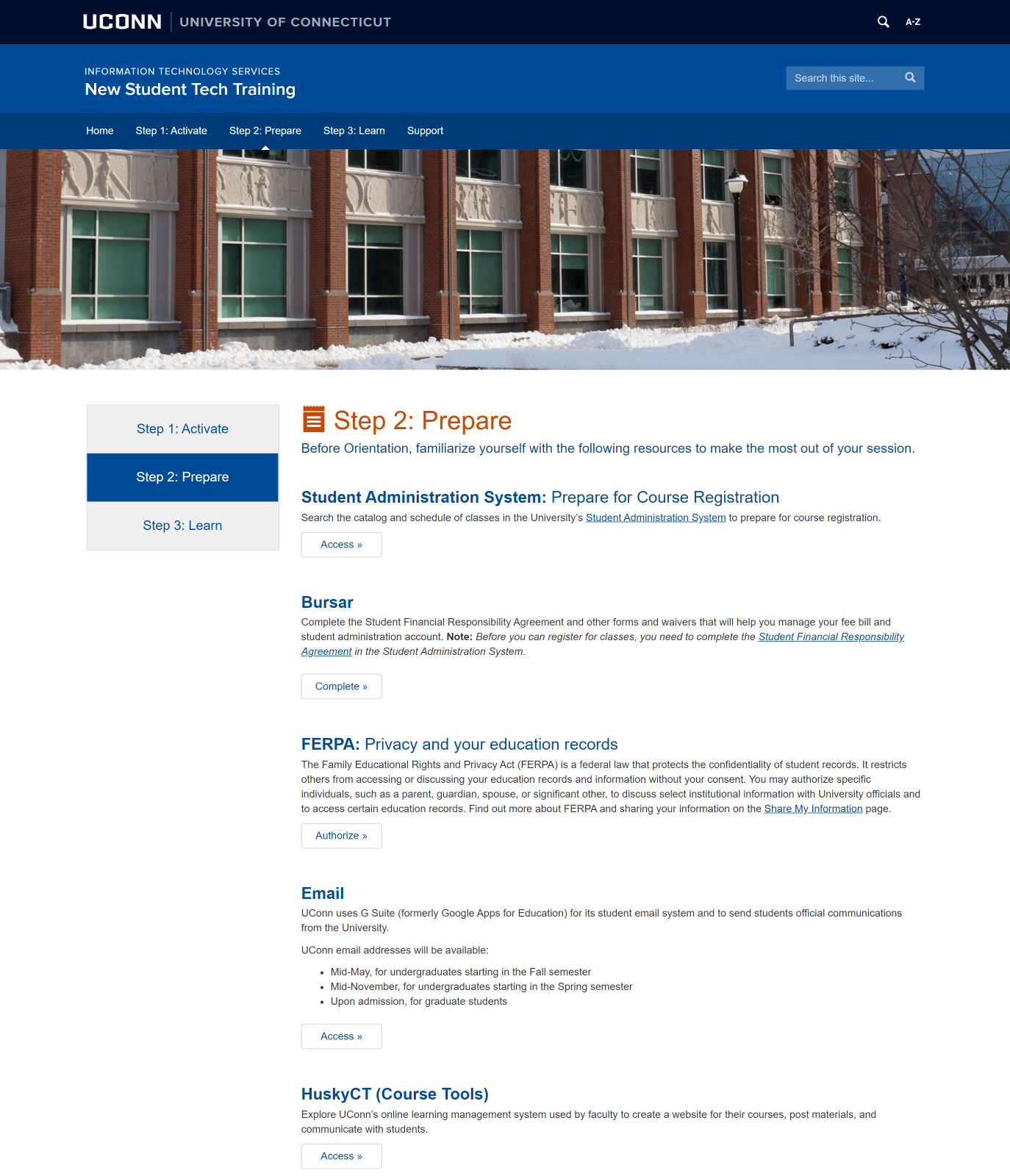Screenshot of an interior page of the Tech Training website