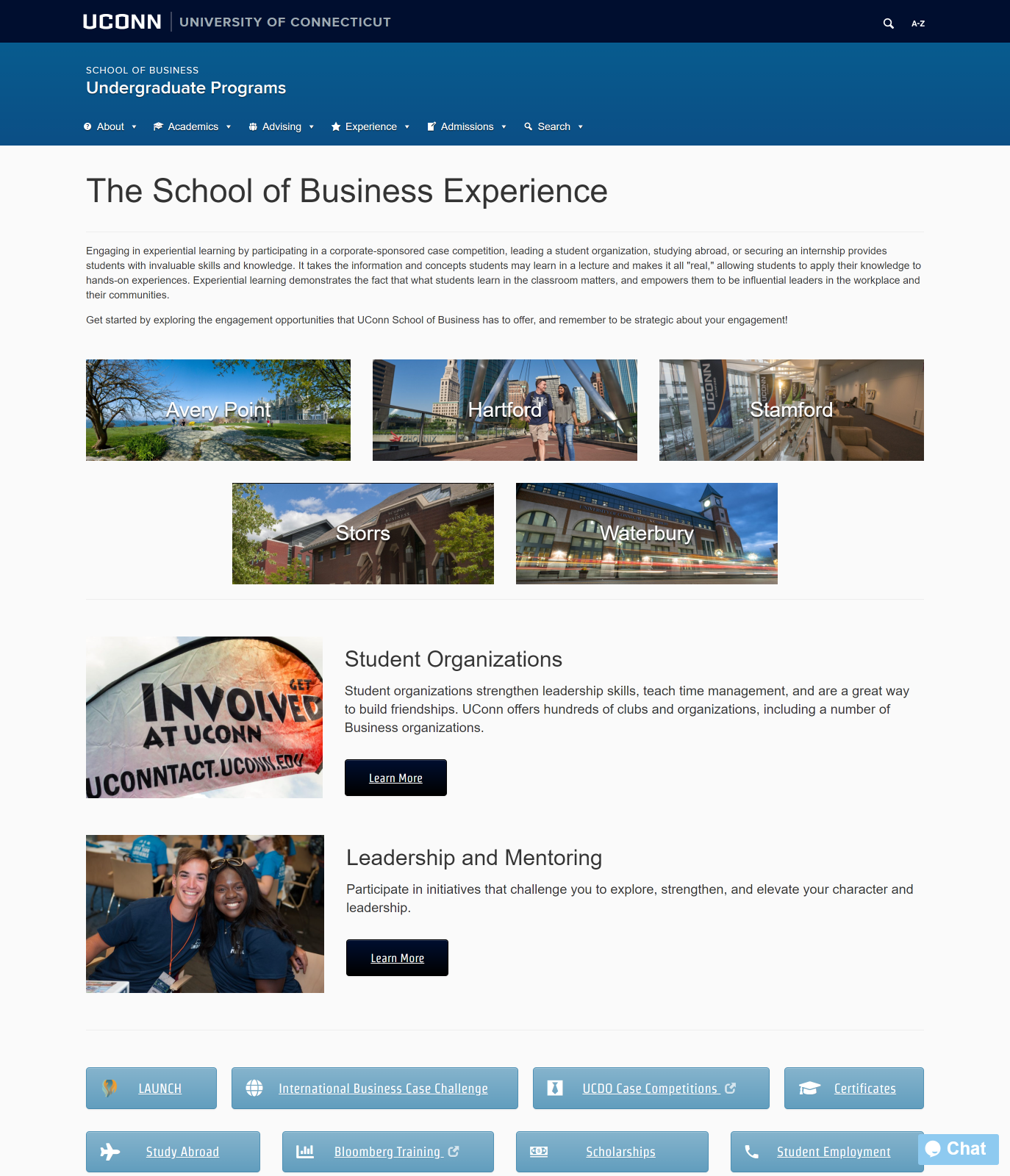 Screenshot of an interior page of the School of Business website