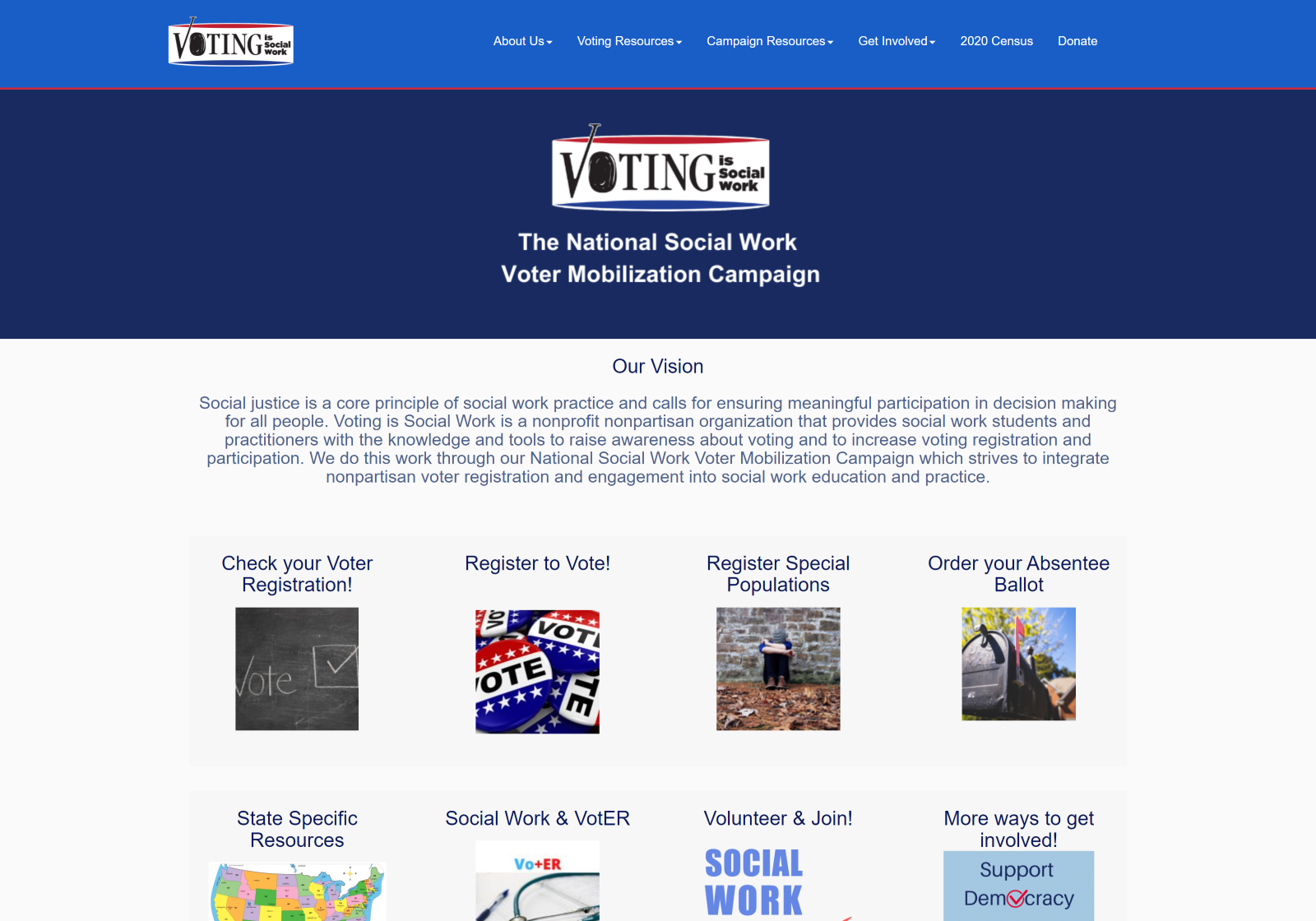 Desktop view of the Voting is Social Work website